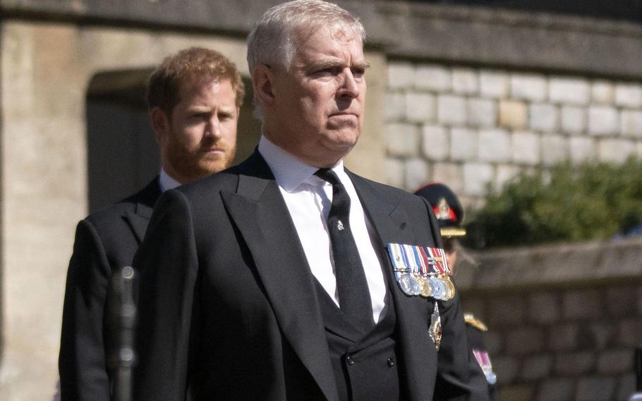 Prince Andrew, foreground, walks in the procession ahead of Britain Prince Philip’s funeral at Windsor Castle, Windsor, England, on April 17, 2021.  U.S. District Judge Lewis A. Kaplan gave the green light Wednesday, Jan. 12, 2022 to a lawsuit against Prince Andrew by Virginia Giuffre, who says he sexually abused her when she was 17.