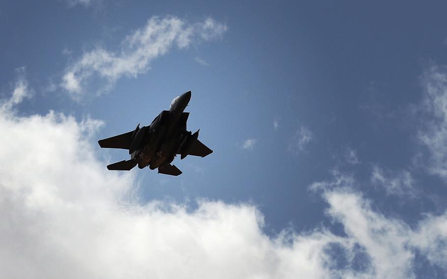 An Air Force F-15E Strike Eagle fighter jet near the al-Tanf garrison in Syria in June 2020. 