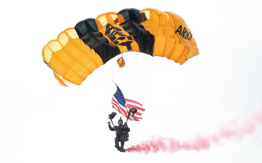 Sgt. 1st Class Chad Riddlebaugh of the U.S. Army parachute team at the Binghamton airshow July 17, 2021. 