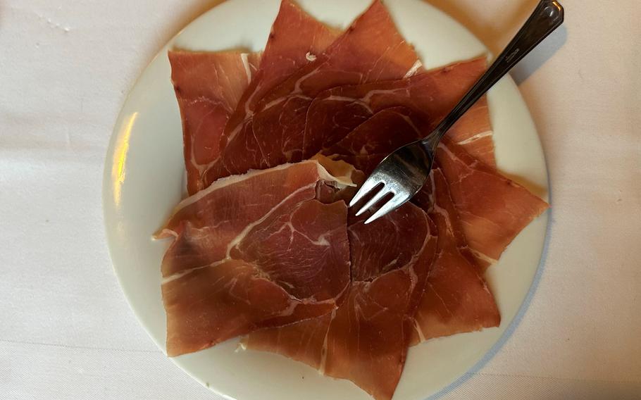 Jamon serrano, a typical Spanish ham dish, as served at Casa Andalusia in Weiden, Germany. Serrano is from the Spanish word for a range of mountains, which is where the ham originally air-dried.