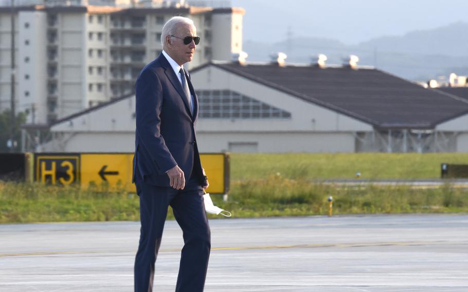 President Joe Biden walks toward Air Force One as he departs Yokota Air Base, Japan, on May 24, 2022.