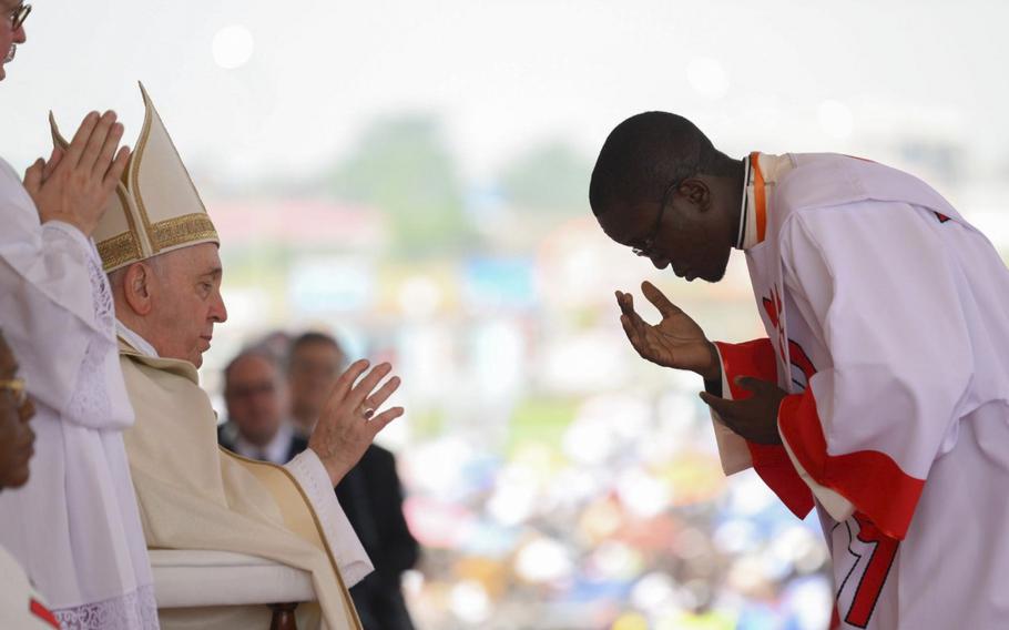 Pope Francis as seen in a ceremony in the Democratic Republic of Congo on Feb. 2, 2023.