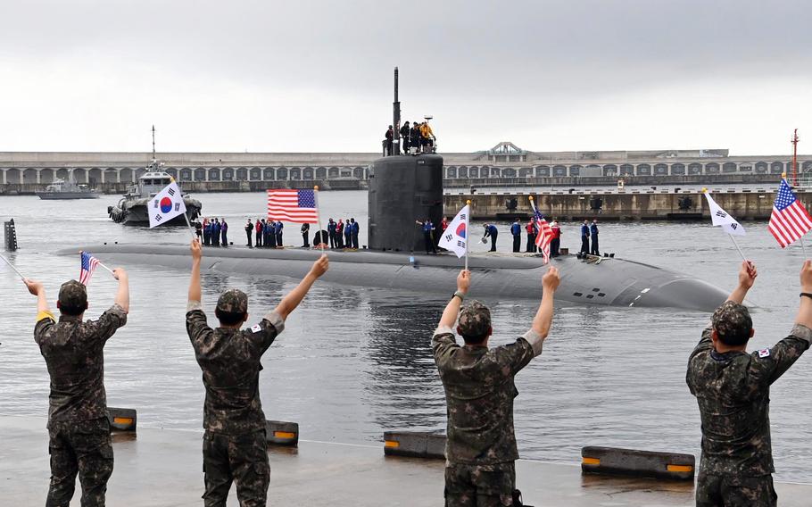 South Korean navy sailors welcome the Los Angeles-class submarine USS Annapolis to Jeju Naval Base on Jeju Island, Monday, July 24, 2023.