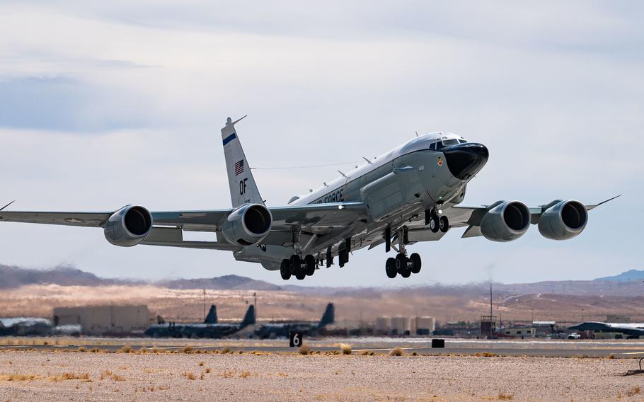 An RC-135 Rivet Joint reconnaissance aircraft takes off at Nellis Air Force Base, Nev., June 9, 2021. The Rivet Joints modifications accommodate an on-board sensor suite, which allows the mission crew to detect, identify and geolocate signals throughout the electromagnetic spectrum. 