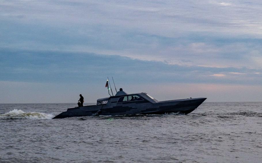 A boat sails during training near Klaipeda, Lithuania. 