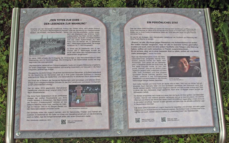 An information board for the memorial of Anne Frank featuring Hannah Pick-Goslar. In the decades after World War II, Hannah Pick-Goslar traveled around the world as a living link to Anne Frank and a guardian of the memory of the other 1.5 million Jewish children who perished in the Holocaust. 