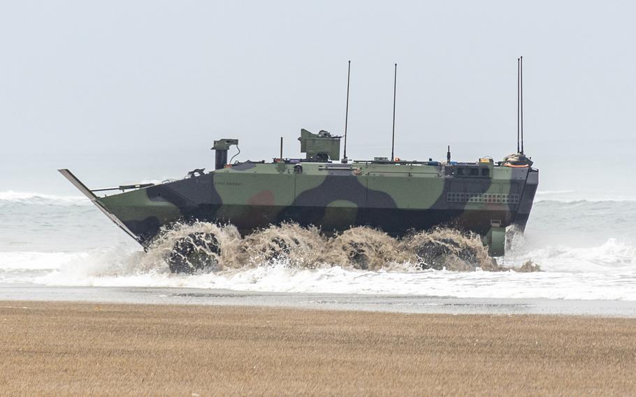 An amphibious combat vehicle fords back to shore for a final evaluation during a certification course at Marine Corps Base Camp Pendleton, Calif., in July 2023.