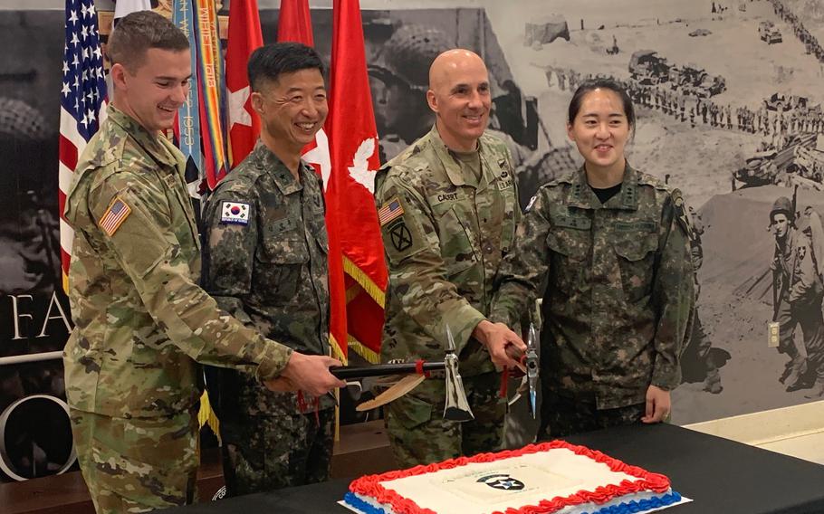 Military leaders celebrate the Republic of Korea-U.S. Combined Division’s seventh anniversary at Camp Humphreys, South Korea, Friday, June 3, 2022.