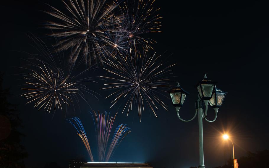 Fireworks explode over Naval Air Facility Atsugi during its Red, White and Boom Independence Day celebration on June 30, 2022. 