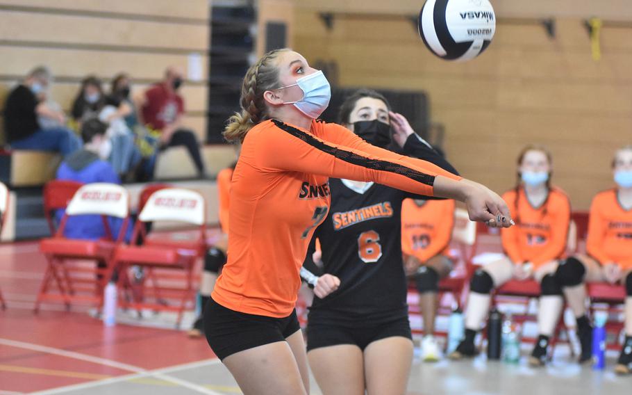 Spangdahlem's Audrey Hauck bumps the ball Friday, Oct. 29, 2021, at the DODEA-Europe Division III tournament in Kaiserslautern, Germany.