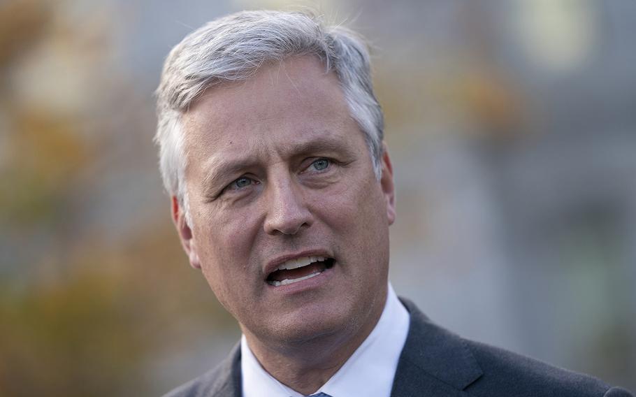 Then-national security adviser Robert O’Brien speaks to reporters outside the White House in November 2020.