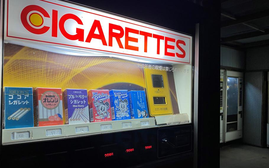 Candy cigarettes are just one of the nostalgic items you'll find in the scores of vintage vending machines outside Used Tire Market in Sagamihara, Japan. 