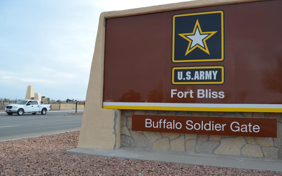 The Buffalo Soldier Gate at Fort Bliss, Texas, as seen in March 2019. A Fort Bliss soldier was indicted Wednesday on charges he had been 3-D printing accessories to convert firearms into fully automatic ones in his barracks room on Fort Bliss.