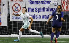 Nadia Nadim (10) of Racing Louisville FC celebrates after scoring during the second half against Washington Spirit at Segra Field on June 17, 2022, in Leesburg, Virginia. (Tim Nwachukwu/Getty Images/TNS)