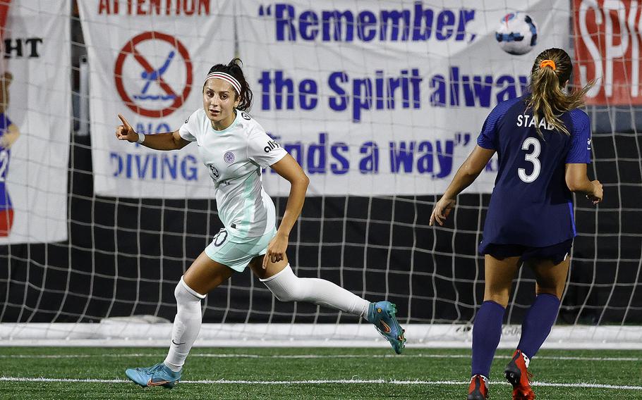Nadia Nadim (10) of Racing Louisville FC celebrates after scoring during the second half against Washington Spirit at Segra Field on June 17, 2022, in Leesburg, Virginia. 
