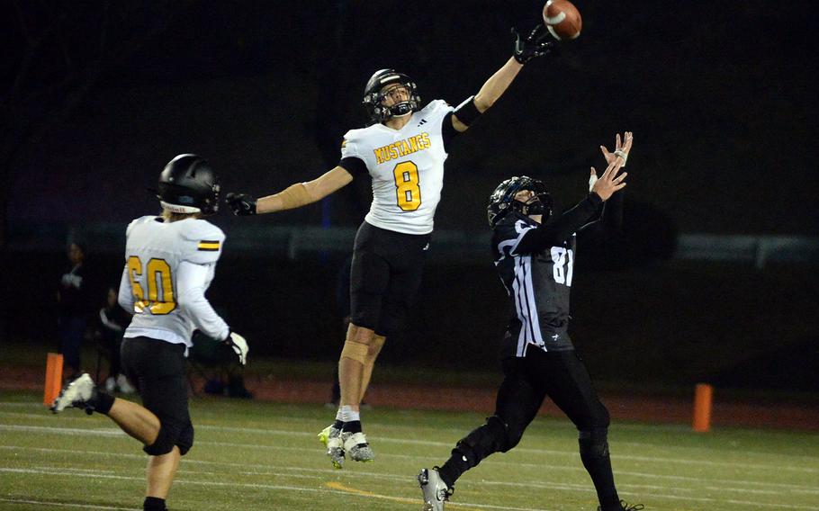 Shou Murakami-Moses didn't intercept this pass, but he stood tall defensively for American School In Japan with four interceptions in the Far East Division II championship game.