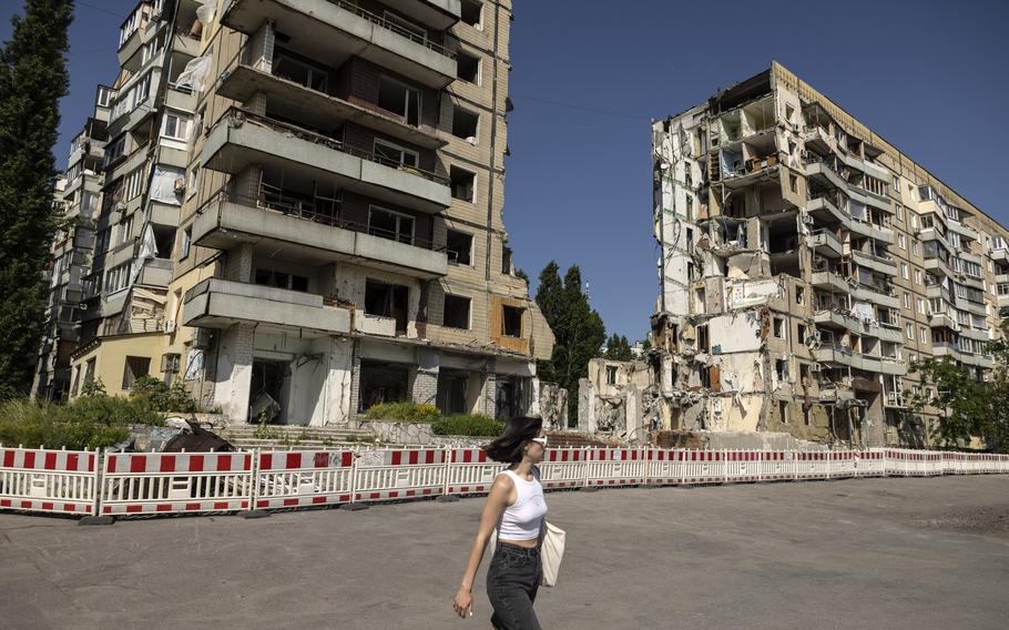 The apartment complex in Dnipro where a Russian strike killed 46 people in January, shown last week.