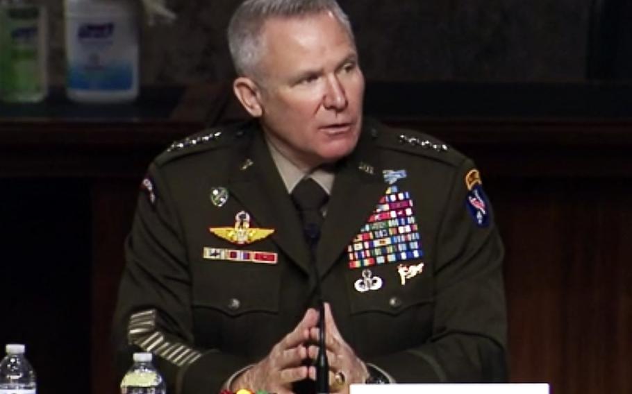 In a screen capture from a video, Gen. Paul LaCamera testifies at a Senate Armed Services Committee hearing on May 18, 2021.