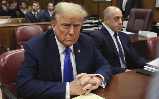 Republican presidential candidate and former President Donald Trump sits in the courtroom at his criminal trial at Manhattan state court in New York, Monday, April 22, 2024. (Brendan McDermid/Pool Photo via AP)