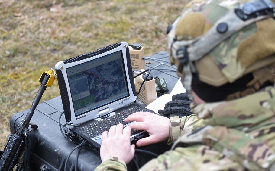 Using reconnaissance, drone team members from the 2nd Cavalry Regiment survey the battlefield and identify enemy positions during the Dragoon Ready exercise on Jan. 29, 2023, at the Joint Multinational Readiness Center training grounds in Hohenfels, Germany.