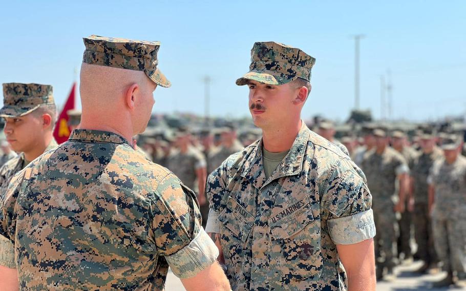 Sgt. Matthew K. Bylski, at right, a 23-year-old Marine who died Wednesday, Dec. 13, 2023, in a rollover accident during training at Camp Pendleton, Calif., had nearly five years of service and was known for his willingness to help others. 