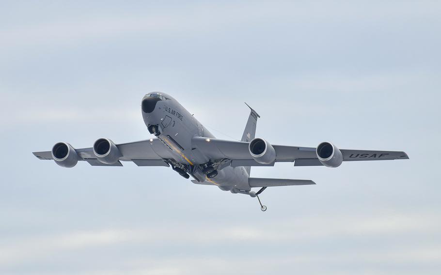 A KC-135 Stratotanker aircraft shown over Selfridge Air National Guard Base, Mich., during a local training mission on Jan. 23, 2023.