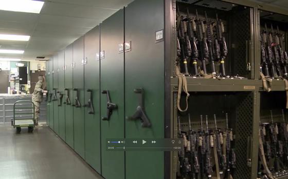 This Oct. 11, 2017, image from video made available by the U.S. Air Force shows a gun vault at the Malmstrom Air Force Base in Great Falls, Mont. In the first public accounting of its kind in decades, an Associated Press investigation has found that at least 1,900 US military firearms were lost or stolen during the 2010s, with some resurfacing in violent crimes. Because some armed services have suppressed the release of basic information, AP’s total is a certain undercount. 