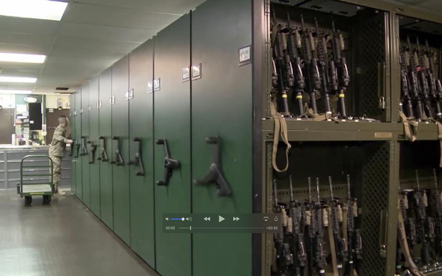 This Oct. 11, 2017, image from video made available by the U.S. Air Force shows a gun vault at the Malmstrom Air Force Base in Great Falls, Mont.