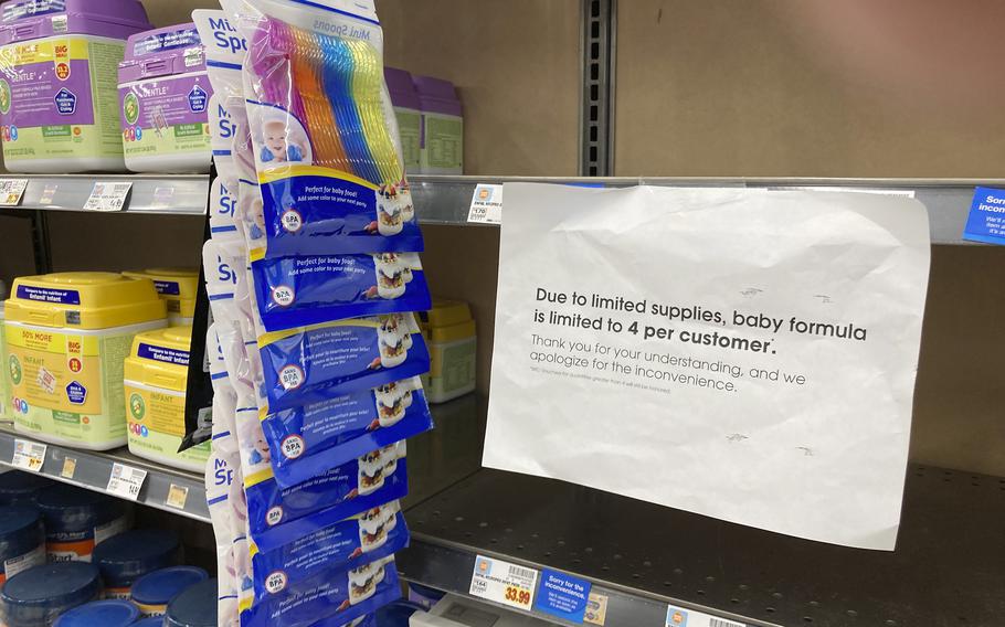 A sign telling consumers of limits on the purchase of baby formula hangs on the edge of an empty shelf for the product in a King Soopers grocery store, Wednesday, May 11, 2022, in southeast Denver. Parents across the country are struggling to find baby formula in stock in stores because of supply chain disruptions combined with a massive safety recall. 