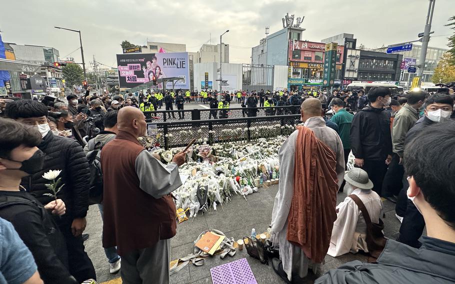 A ceremony is held for 159 people killed in a crowd surge during Halloween festivities in Itaewon, South Korea, Oct. 31, 2022.