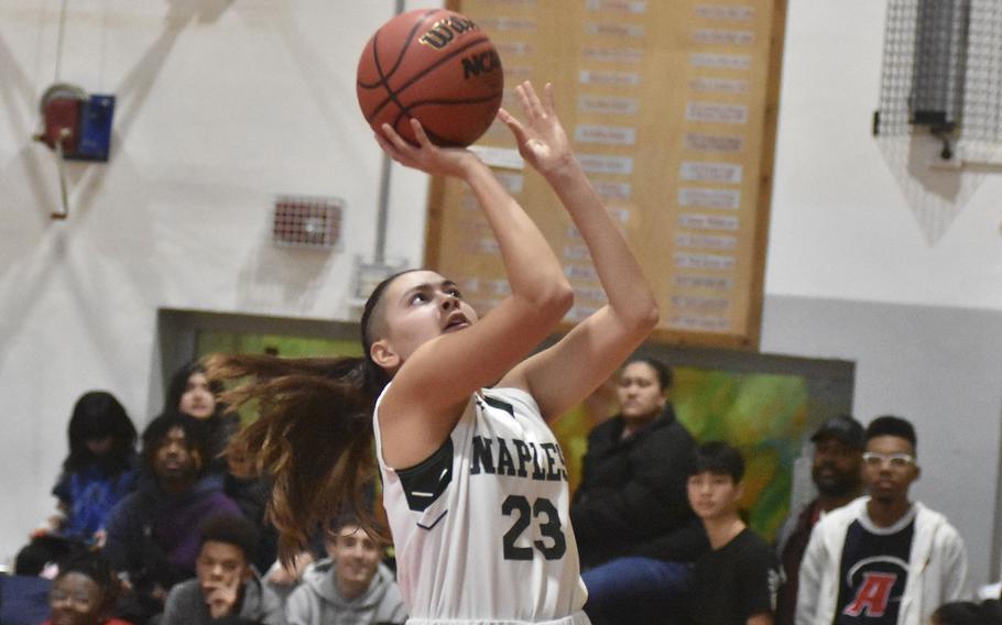 Naples' Jewelina Martinez scores on a breakaway layup in the Wildcats' 35-20 victory over the Aviano Saints on Saturday, Jan. 7, 2023.