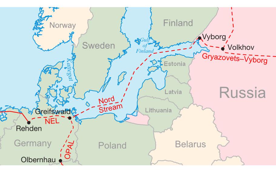 A 2009 map of the proposed Nord Stream and connecting pipelines.