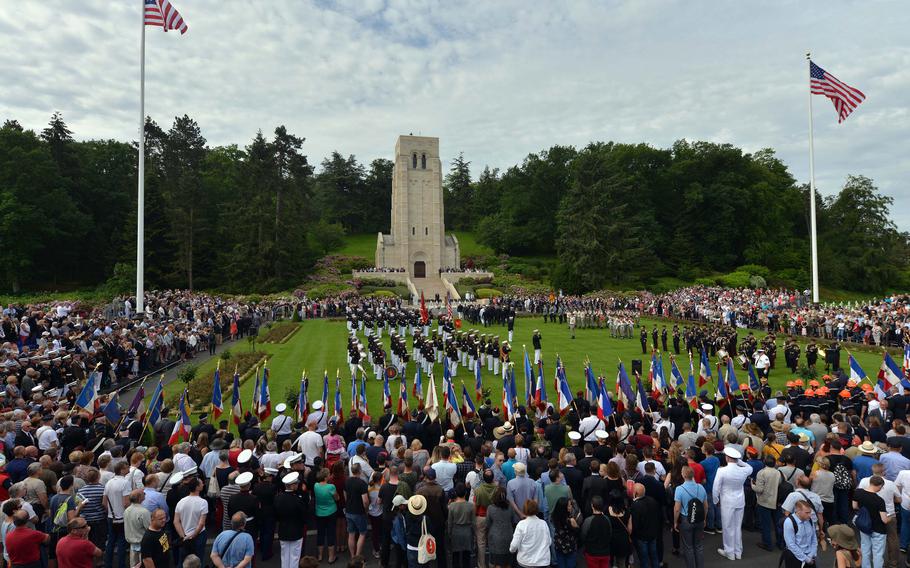 Americans and French commemorated Memorial Day and the centennial of the World War I Battle of Belleau Wood at a ceremony at Aisne-Marne American Cemetery in Belleau, France in 2018. 