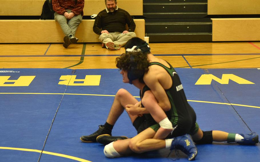 AFNORTH’s Jayden Szymczak tries to maintain control on Hohenfels’ Ian Farrell during a match in Wiesbaden, Germany, on Saturday, Jan. 22, 2022.