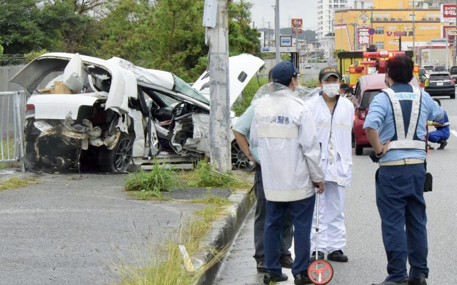 A U.S. Marine was killed May 14, 2022, after his car veered off Route 58 and crashed into a light pole and pedestrian fence outside Camp Foster, Okinawa.