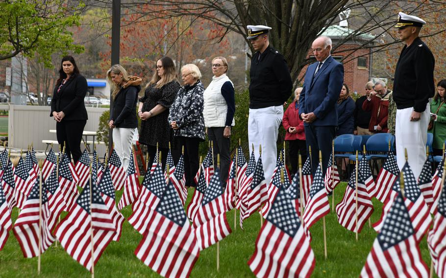 Naval Submarine Base New London (SUBASE) marked Navy Gold Star Awareness Month, May 2022, with the dedication of a month-long Flag Garden and proclamation signing on the base, Tuesday, May 3. The event honored fallen service members, from all branches of service, regardless of cause of death, and their Gold Star families. The Navy Gold Star Program has dedicated the month of May as Gold Star Awareness Month since 2015.