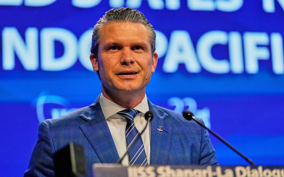 Pete Hegseth delivers a speech.