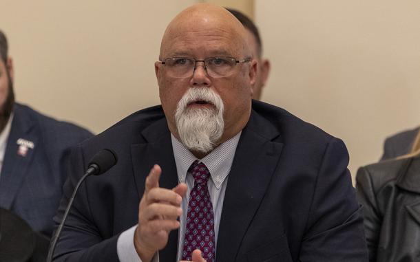 David Crete, chairman of The Invisible Enemy, speaks Tuesday, April 8, 2025, during a round table discussion hosted by Democratic Sen. Richard Blumenthal, D-Conn., and Rep. Mark Takano, D-Calif., on toxic exposures at U.S. military bases  in Washington. (Eric Kayne/Stars and Stripes)