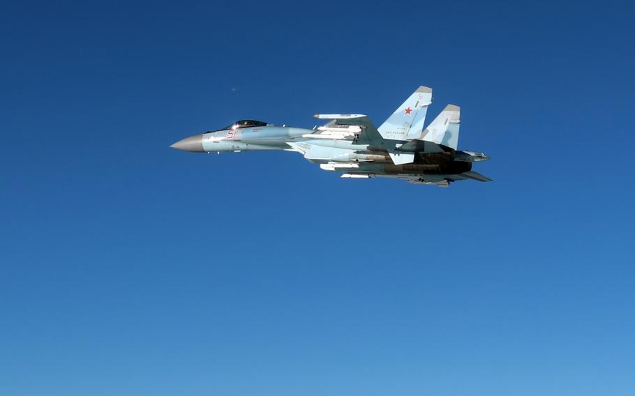 A Russian Su-35 flies over the Bering Sea.