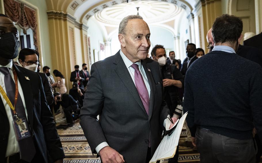 Senate Majority Leader Chuck Schumer, D-N.Y., on Capitol Hill on Feb. 15 in Washington, D.C. 