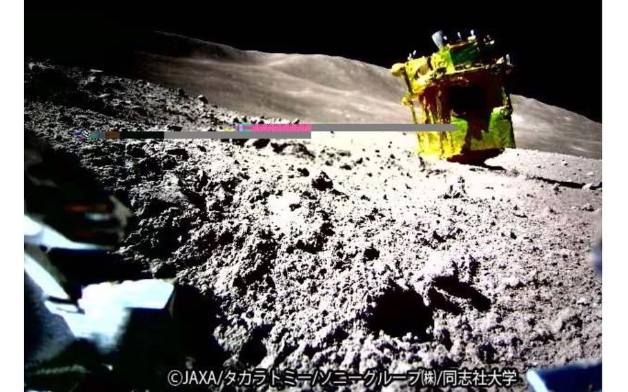 Japan’s lunar lander lies on its side on the moon’s surface, as shown in this photo taken by the Lunar Excursion Vehicle and released Thursday. 