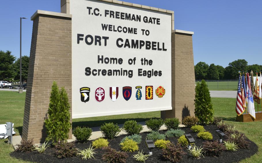 A sign for the T.C. Freeman Gate is seen near the entrance of Gate 4 on Fort Campbell, Ky., June 28, 2016. According to reports on Thursday, Sept. 23, 2021, Army officials announced that a soldier died Tuesday during a diving training exercise.