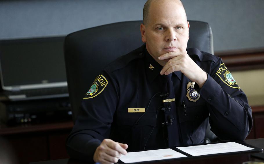 Newport News Police Chief Steve Drew speaks with the media Tuesday afternoon, May 11, 2021. 