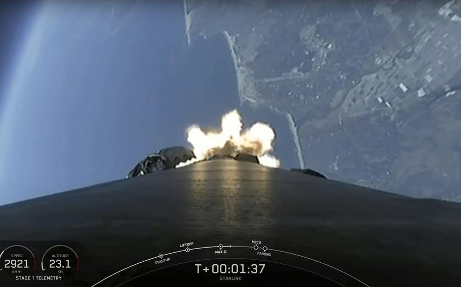 This video image provided by SpaceX shows a SpaceX Falcon 9 mission to launch 53 Starlink satellites to low-Earth orbit from Space Launch Complex 4 East (SLC-4E), takes off from Vandenberg Space Force Base, Calif., on Friday, May 13, 2022.
