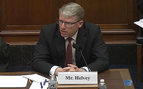 A video screen grab shows David Helvey, acting assistant secretary of defense for Indo-Pacific affairs as he testifies Wednesday, May 12, 2021, during a hearing on Capitol Hill in Washington.