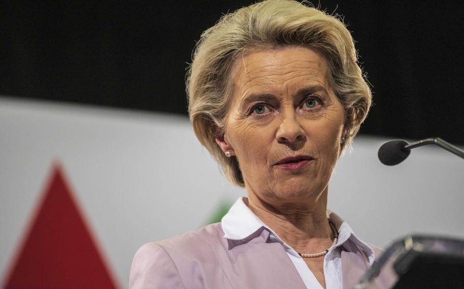 Ursula von der Leyen, president of the European Commission, during a news conference in Litomysl, Czech Republic, on July 1, 2022. 
