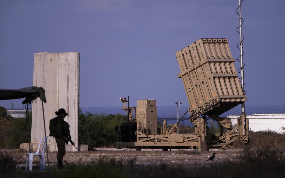 A battery of Israel’s Iron Dome defense missile system, deployed to intercept rockets, sits in Ashkelon in August 2022. 