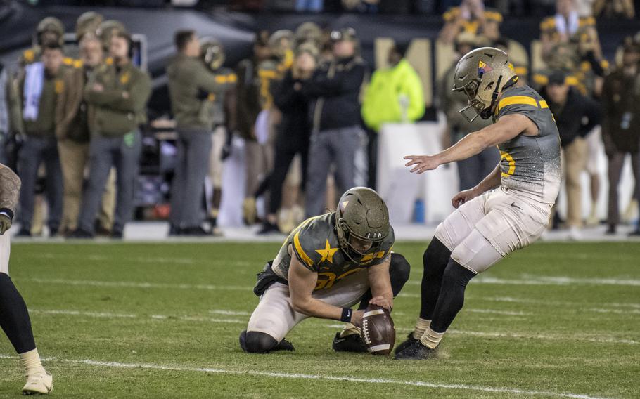 Army Academy kicker Quinn Maretzki kicks a field goal during the Army-Navy football game played at Philadelphia’s Lincoln Financial Field stadium on Saturday, Dec. 10, 2022. Army won 20-17 in double overtime.