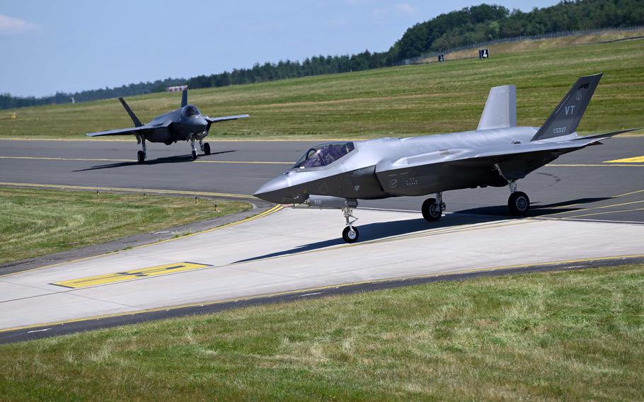 F-35 Lightning IIs of the Vermont Air National Guard's 158th Fighter Wing land at Spangdahlem Air Base, Germany, on June 14, 2023, during Air Defender 23, the largest NATO air exercise in the history of the bloc.