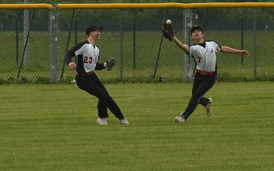 Spangdahlem centerfielder and team captain Caiden Taherimorovat catches a ball in the outfield during a game against Wiesbaden on April 20, 2024, in Wiesbaden, Germany. 